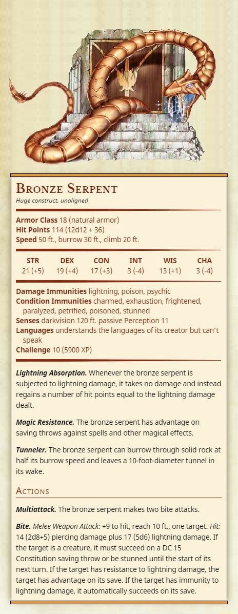 Bronze Serpent Huge Construct Unaligned Armor Class Natural Armor