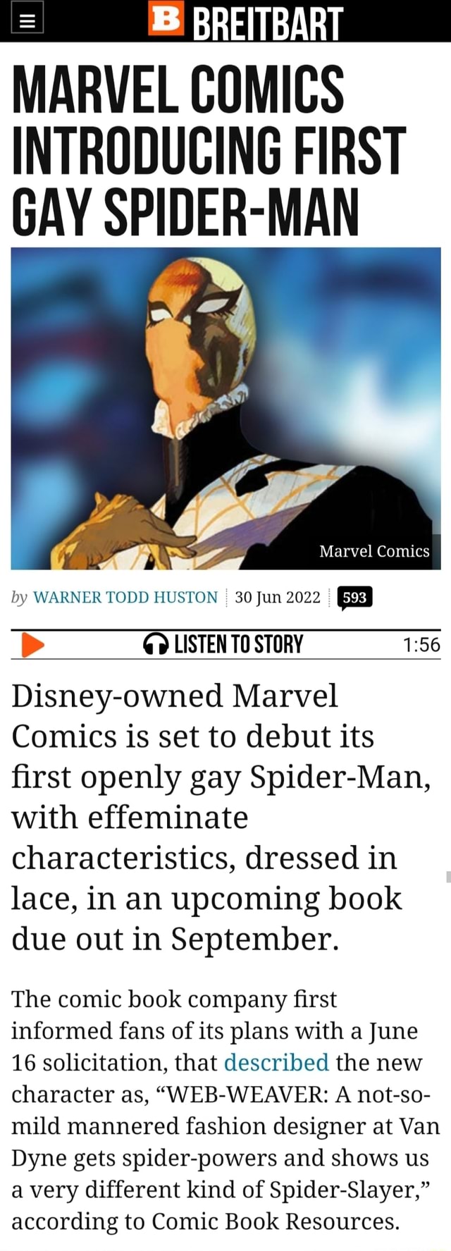 B BREITBART MARVEL COMICS INTRODUCING FIRST GAY SPIDER MAN Marvel