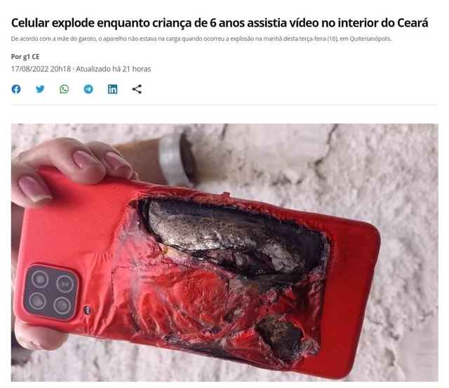 Celular explode enquanto criança de 6 anos assistia vídeo no interior