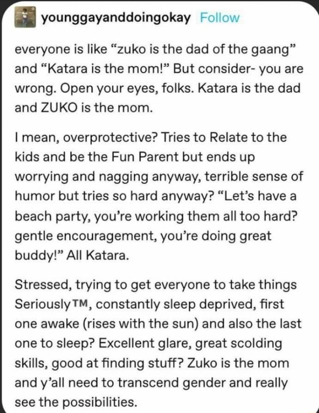 Everyone Is Like Zuko Is The Dad Of The Gaang And Katara Is The Mom