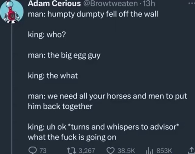 Adam Cerious Browtweaten Man Humpty Dumpty Fell Off The Wall King Who