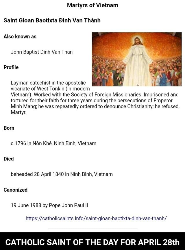 Martyrs Of Vietnam Saint Gioan Baotixta Dinh Van Thanh Also Known As