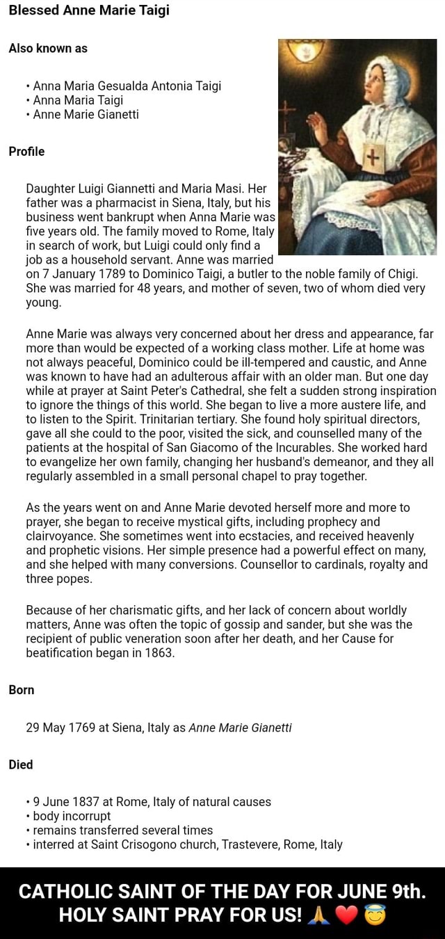 Blessed Anne Marie Taigi Also Known As Anna Maria Gesualda Antonia