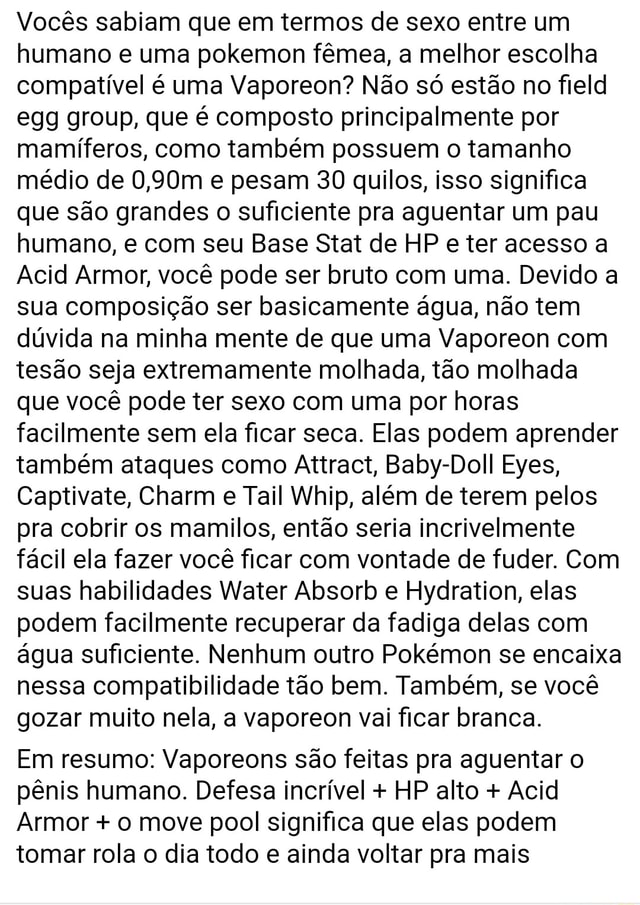 Voc S Sabiam Que Em Termos De Sexo Entre Um Humano E Uma Pokemon F Mea