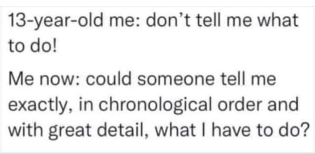 13 Year Old Me Don T Tell Me What To Do Me Now Could Someone Tell Me