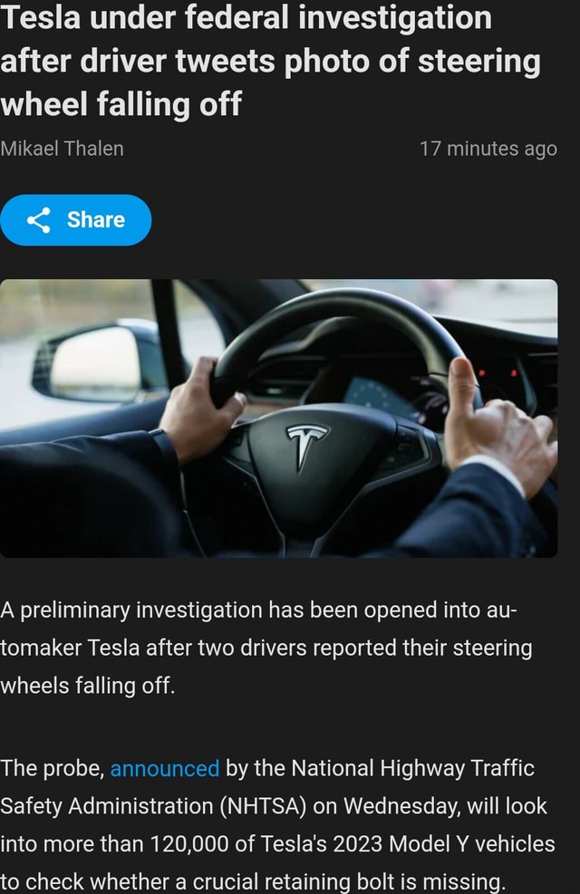 Tesla Under Federal Investigation After Driver Tweets Photo Of Steering