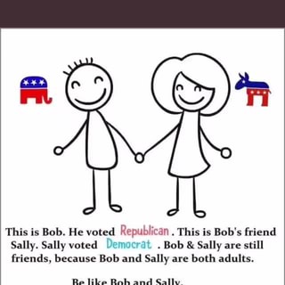 This Is Bob He Voted Republican This Is Bob S Friend Sally Sally Voted L3h Nh Bob Sally Are Still Friends Because Bob And Sally Are Both Adults Be Like