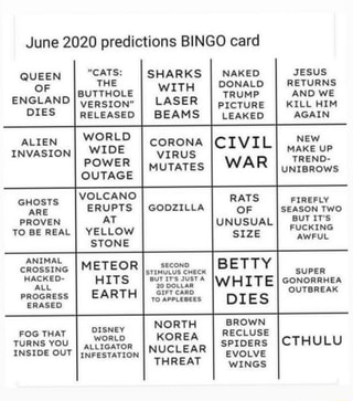 June 2020 predictions BINGO card QUEEN SHARKS I NAKED 