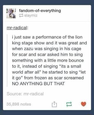 J Fandom Of Everything I Just Saw A Performance Of The Lion King Stage Show And It Was Great And When Zazu Was Singing In His Cage For Scar And Scar Asked Him To
