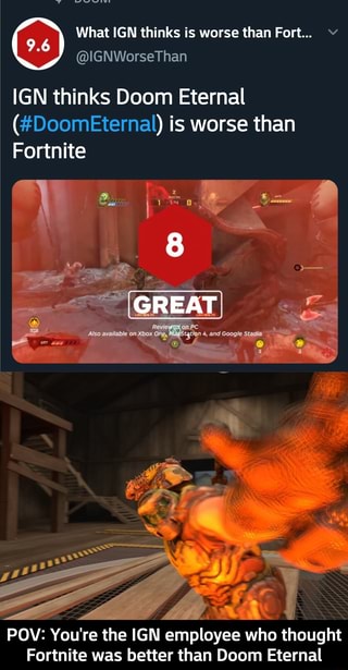 What Ign Thinks Is Worse Than Fort A Ign Thinks Doom Eternal Doometernal Is Worse Than Fortnite 3 Pov You Re The Fen Employee Who Thought Fortnite Was Better Than Doom Eternal - fortnite isnt that bad roblox is kinda fun terarria kinda sucks minecraft bad fortnite good we like fortnite bad meme on me me