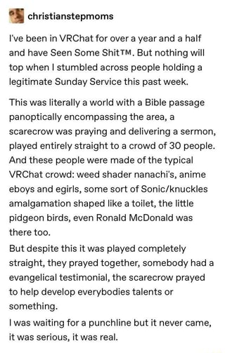 I Christianstepmoms I Ve Been In Vrchat For Over A Year And A Half And Have Seen Some Shittm But Nothing Will Top When I Stumbled Across People Holding A Legitimate Sunday Service - roblox vrchat main theme