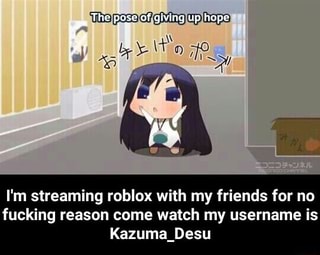 I M Streaming Roblox With My Friends For No Fucking Reason Come Watch My Username Is Kazuma Desu I M Streaming Roblox With My Friends For No Fucking Reason Come Watch My Username Is - lit roblox usernames