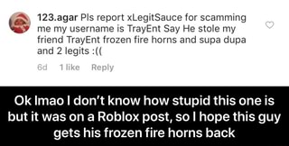 ªw 123 Agar Pls Report Xlegitsauce For Scamming 3 Me My Username Is Trayent Say He Stole My Friend Trayent Frozen Fire Horns And Supa Dupa But It Was On A Roblox Post - black fire horns roblox