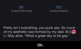 Pretty Isn T Everything You Punk Ass So Much Of My Aesthetic Was Formed By My Dad Ms I Stay Alive What A Great Day To Be Gay Oh Ifunny This is honestly one of my favorite playlists oh my gosh and you look so pretty and tumblr btw ifunny