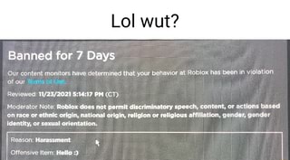 Account Deleted Content manit have determined that your behavior at Roblox  has beer our Terms of