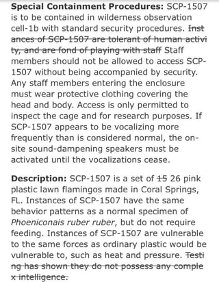 Special Containment Procedures Scp 1507 Is To Be Contained In Wilderness Observation Ceii Lb With Standard Security Procedures Inst F Sep 567 F Tyrandwfondﬁﬁaiayiﬁngithstaff Staff Members Should Not Be Allowed To Access
