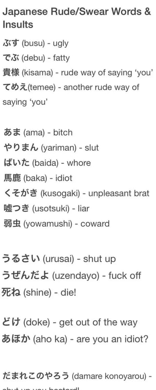 Japanese Rude/Swear Words Insults ugly fatty rude way of saying 