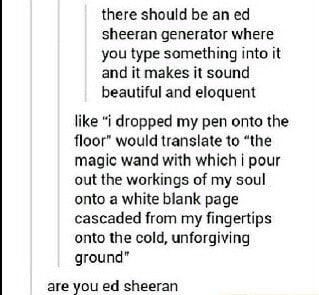 There Should Be An Ed Sheeran Generator Where You Type Something Into It And It Makes It Sound Beautiful And Eloquent Like I Dropped My Pen Onto The Floor Would Translate To ifunny