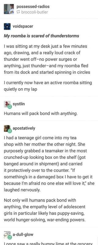 : possessed-radios
C3 broccoli-butler
. voidspacer
My roomba is scared of thunderstorms
I was sitting at my desk just a few minutes
ago, drawing, and a really loud crack of
thunder went off-no power surges or
anything, just thunder-and my roomba ﬂed
from its dock and started spinning in circles
I currently now have an active roomba sitting
quietly on my lap
%
Humans will pack bond with anything.
I had a teenage girl come into my tea
shop with her mother the other night. She
purposely grabbed a teamaker in the most
crunched-up looking box on the shelf (got
banged around in shipment) and carried
it protectively over to the counter. "If
something's in a damaged box I have to get it
because I'm afraid no one else will love it," she
laughed nervously.