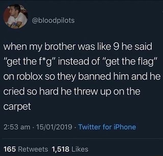 When My Brother Was Like 9 He Said Get The F G Instead Of Get The Flag On Roblox So They Banned Him And He Cried So Hard He Threw Up On The