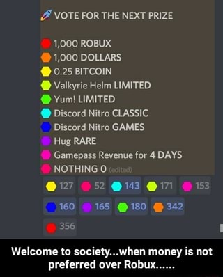 Fl Vote For The Next Prize 1 000 Dollars 0 25 Bitcoin Valkyrie Helm Limited Yum Limited Discord Nitro Classic Discord Nitro Games Hug Gamepass Revenue For 4 Days - how much robux is 1000 dollars