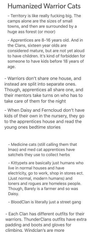 Humanized Warrior Cats Territory Is Like Really Fucking Big The