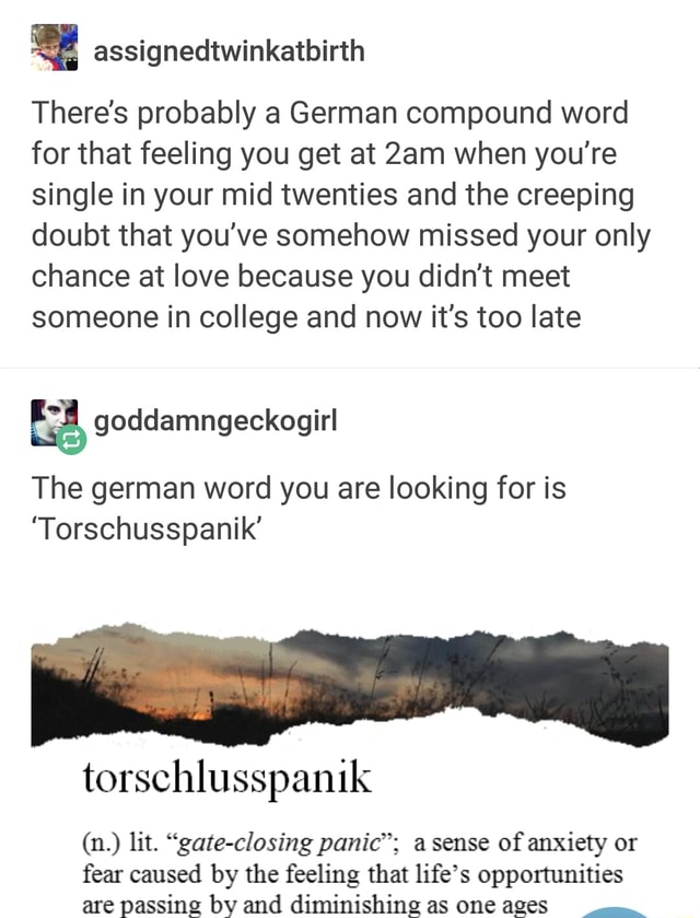 There S Probably A German Compound Word For That Feeling You Get At 2am When You Re Single In Your Mid Twenties And The Creeping Doubt That You Ve Somehow Missed Your Only Chance