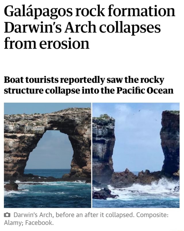 Galapagos rock formation Darwin's Arch collapses from erosion Boat