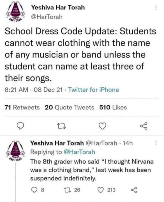 Yeshiva Har Torah School Dress Code Update Students cannot wear