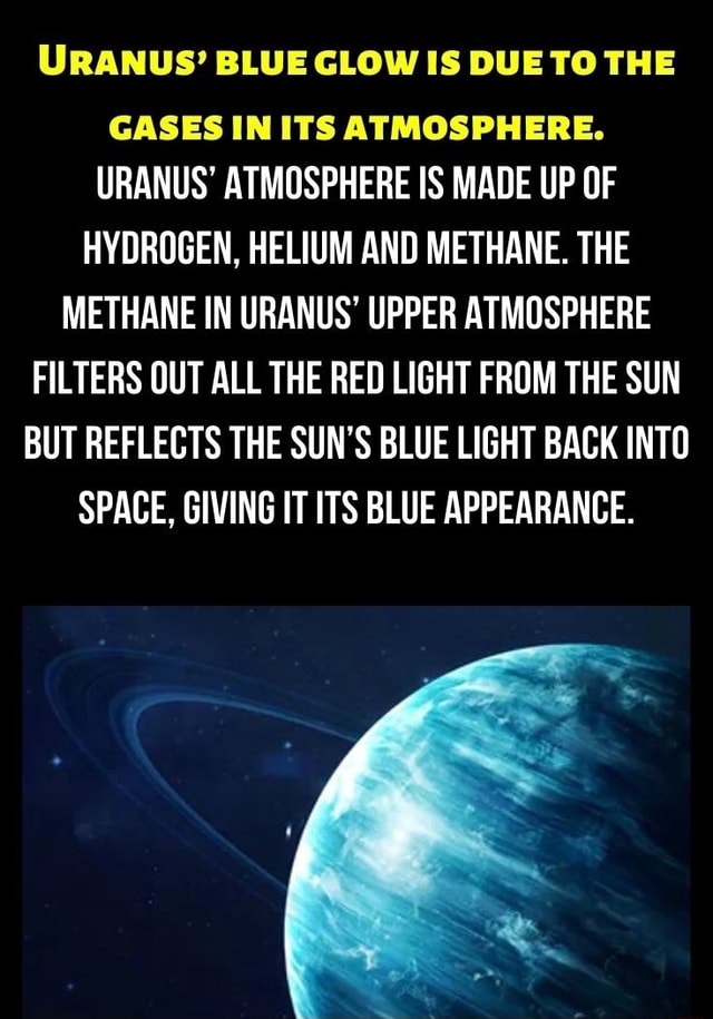 URANUS' BLUE GLOW IS DUE TO THE GASES IN ITS ATMOSPHERE. URANUS