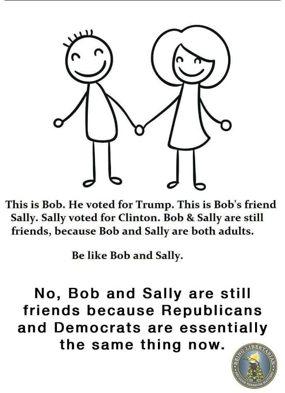 This Is Bob He Voted For Trump This Is Bob S Friend Sally Sally Voted Far Clinton Bob Sally Are Still Friends Because Bob And Sally Are Both Adults No Bob And