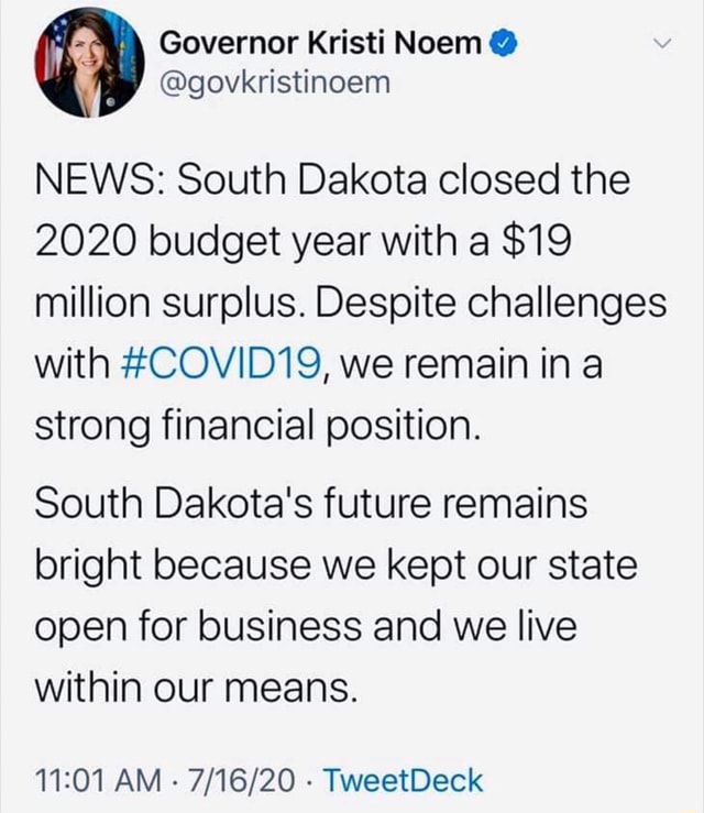 NEWS South Dakota closed the 2020 budget year with a million surplus