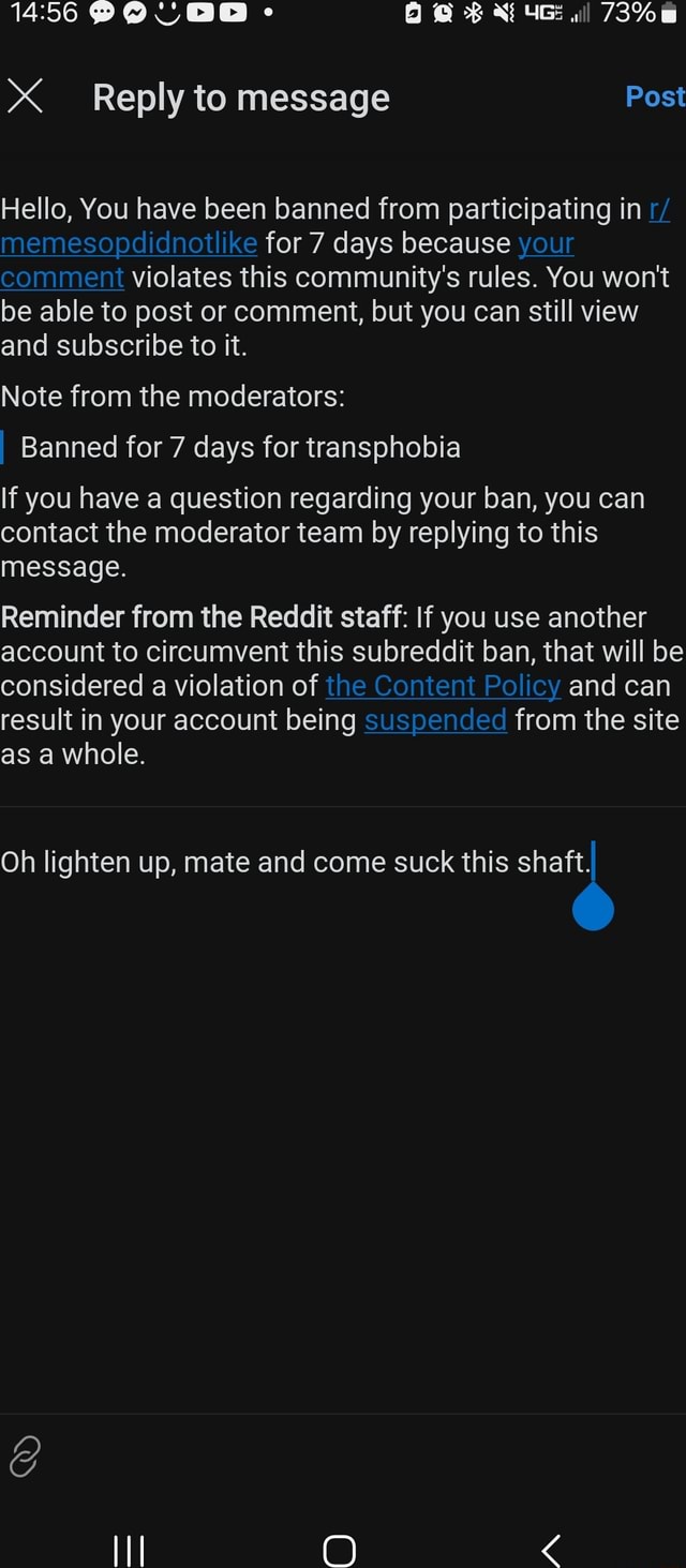 All XX Reply to message Post Hello, You have been banned from ...