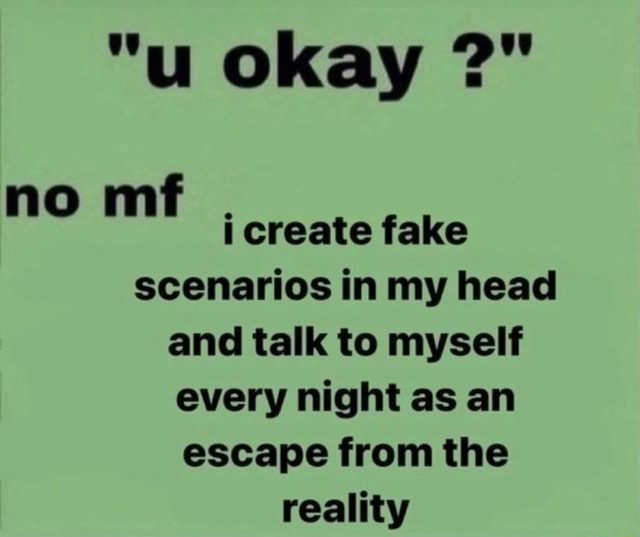 "u okay no mf i create fake scenarios in my head and talk to myself every night as an escape