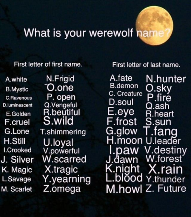 What Is Your Werewolf B Mystic O One O Havanous P Open F Cruei S Wlid G Lone T Shimmering I Crooked V Owerful J Silver W Scarred K Magic X Tragic Y Yearning G Glow T Fan I Paw V Destiny J Da 1wn W Fore St Ifunny