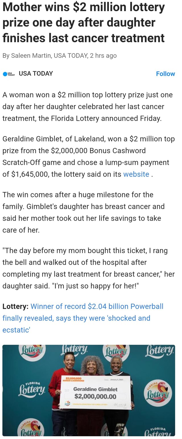 Mother wins 2 million lottery prize one day after daughter finishes