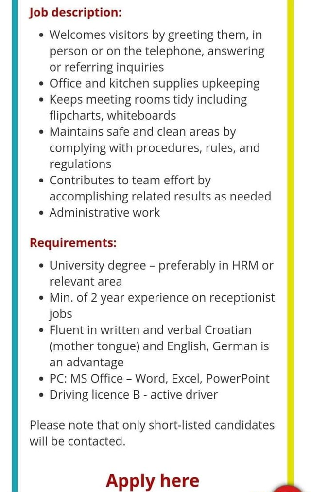 Job description visitors by greeting them, in person or on