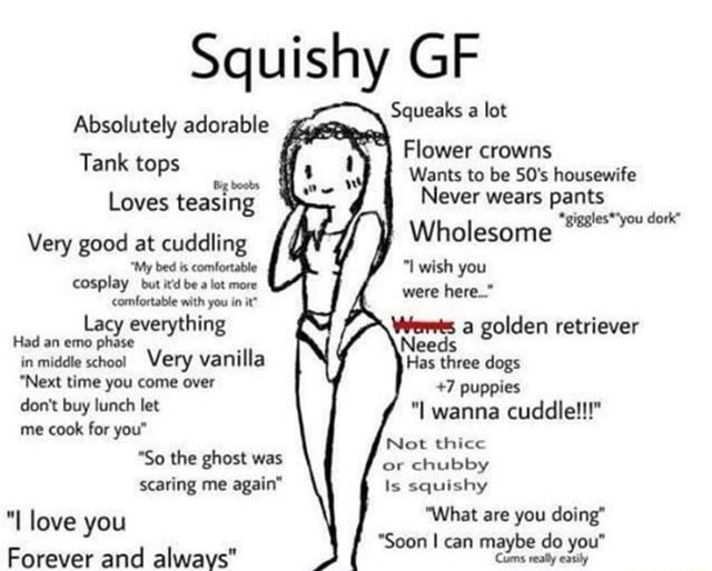 Squishy Gf A Squeaks A Lot Flower Crowns Absolutely Adorable Tªnk Tºps Uw Wants To Be 50 S Housewife Loves Teasing Never Wears Pants Giggles You Dovk Very Good At Cuddling Wholesome Wo