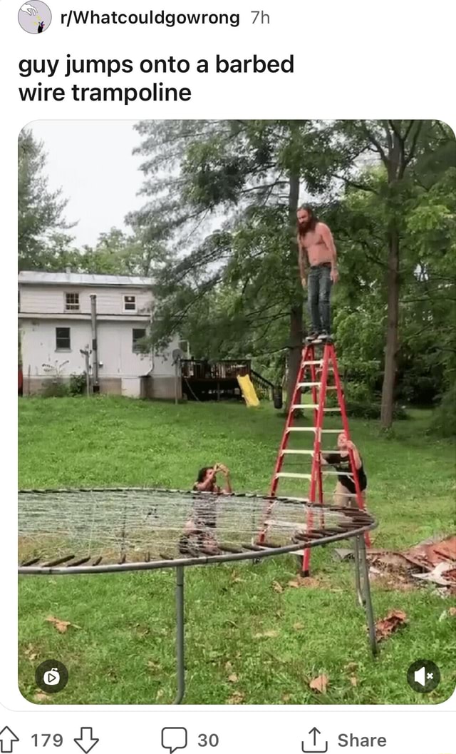 Guy jumps onto a barbed wire trampoline Share iFunny