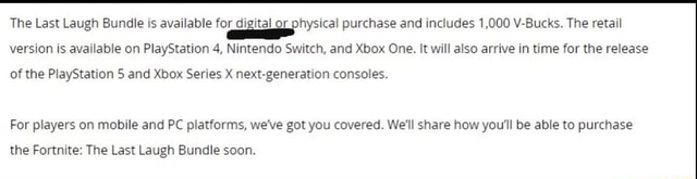 The Last Laugh Bundle Is Available For Or Physical Purchase And Includes 1 000 V Bucks The Retail Version Is Available On Playstation 4 Nintendo Switch And Xbox One It Will Also Arrive In