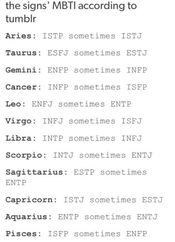 The Signs Mbti According To Tumblr Aries Istp Sometimes Istj Taurus Esfj Sometimes Estj Gemini Enfp Sometimes Inf Cancer Infp Sometimes Isf Leo Enfj Sometimes Entp Virgo Infj Sometimes Isfj Libra Intp