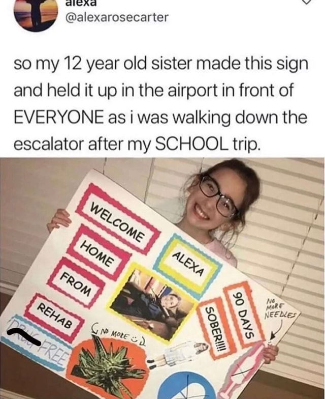 @alexarosecarter so my 12 year old sister made this sign and held it up ...