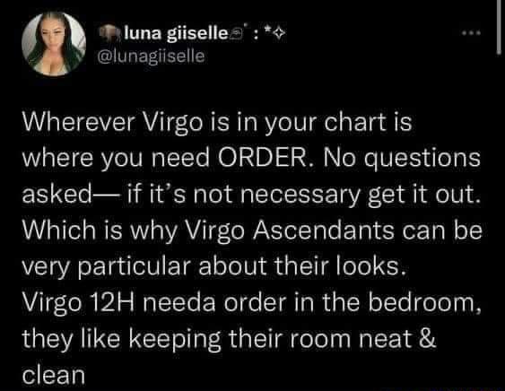 Wherever Virgo is in your chart is where you need ORDER. No questions