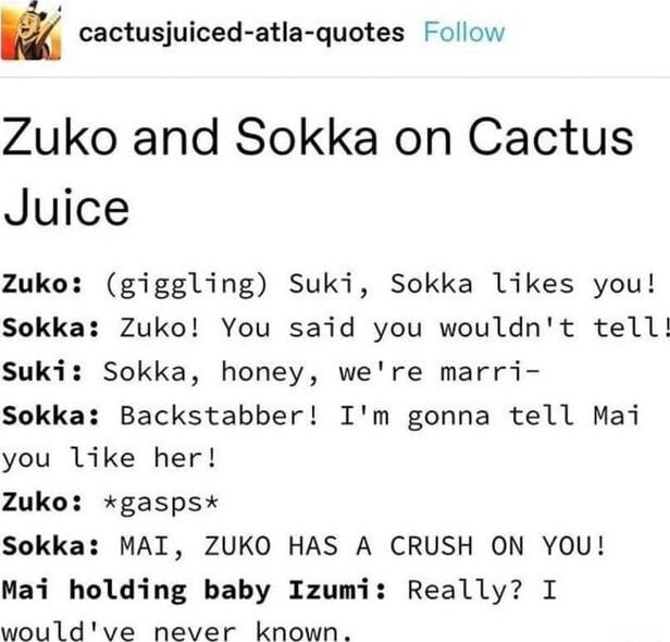Zuko and Sokka on Cactus Juice Zuko (giggling) Suki, Sokka likes you