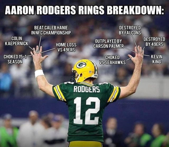 AARON RODGERS RINGS BREAKDOWN: BEAT CALES HANIE DESTROYED INNFC CHAMPIONSHIP  BY FALCONS COLIN apy DESTROYED OUTPLAYED BY RO KREPERMIGK HOMELOSS  carsonpalmen BY 49eRS VS 49 ERS CHOKED 15-- CHOKED KEVIN SEASON US