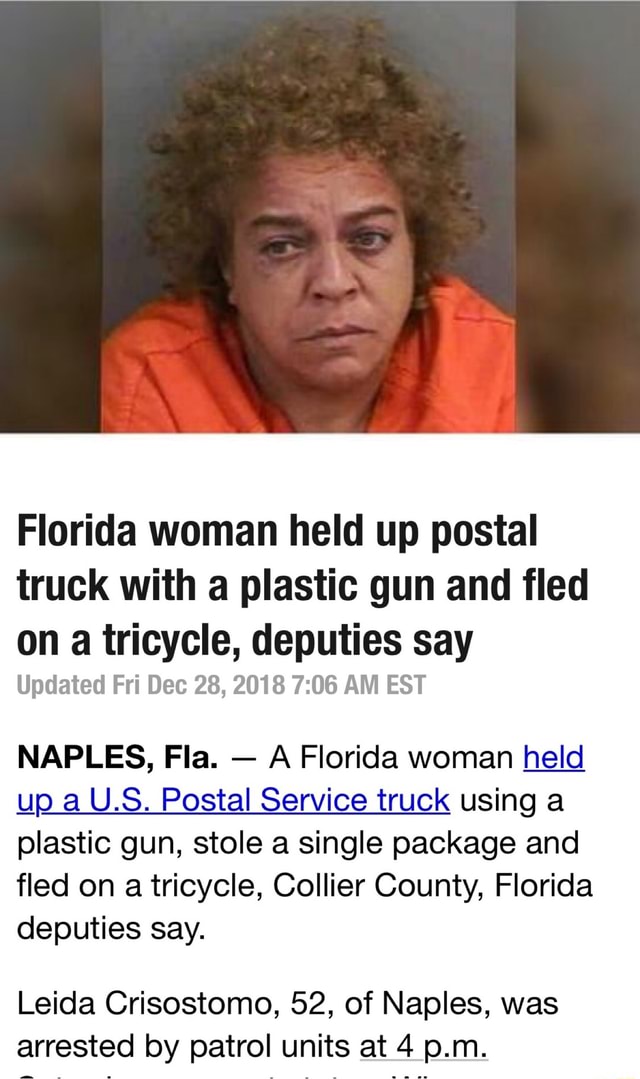 Florida Woman Held Up Postal Truck With A Plastic Gun And Fled On A ...