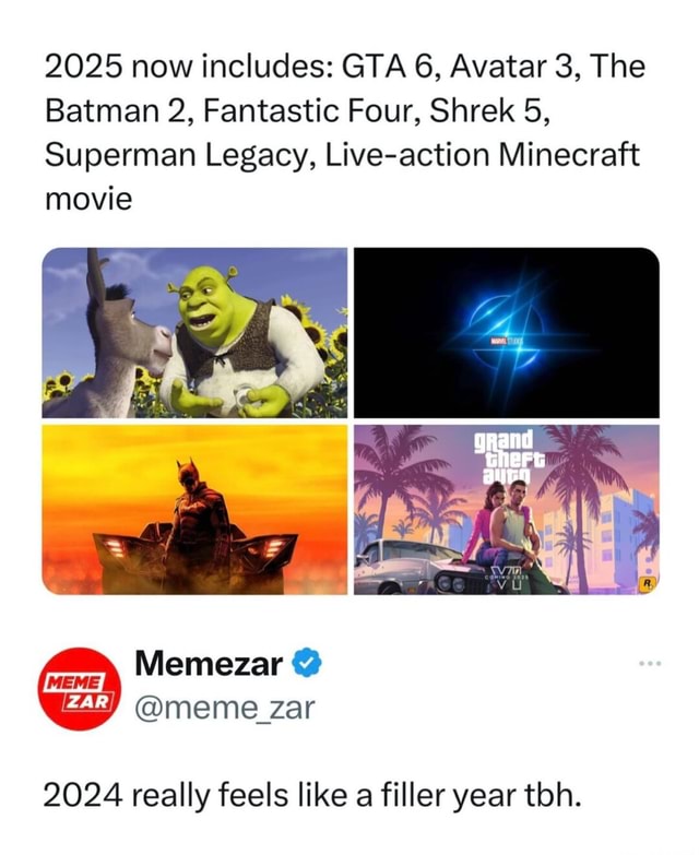 2025 now includes: GTA 6, Avatar 3, The Batman 2, Fantastic Four, Shrek ...