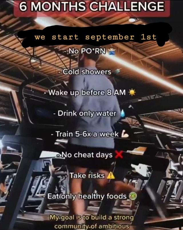 6ka Com Porn - 6 MONTHS CHALLENGE we start september ist PORN Cold Wake up OAM \\ - Drink  onlywater - Train 5-6Ka week - -j cheat de eat Take risks A\\ thy foods - y  goal isjto build a strong commufhity-of ambitious - iFunny Brazil