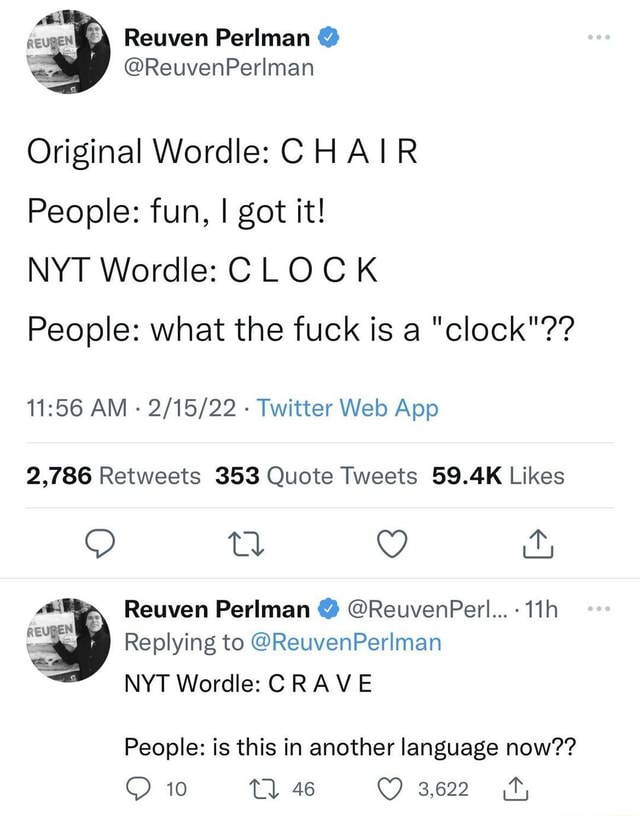 Reuven Perlman @ReuvenPerlman Original Wordle CHAIR People fun, I got