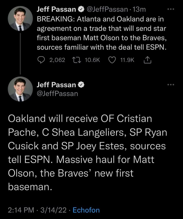 Jeff Passan @JeffPassan- BREAKING: Atlanta And Oakland Are In Agreement ...